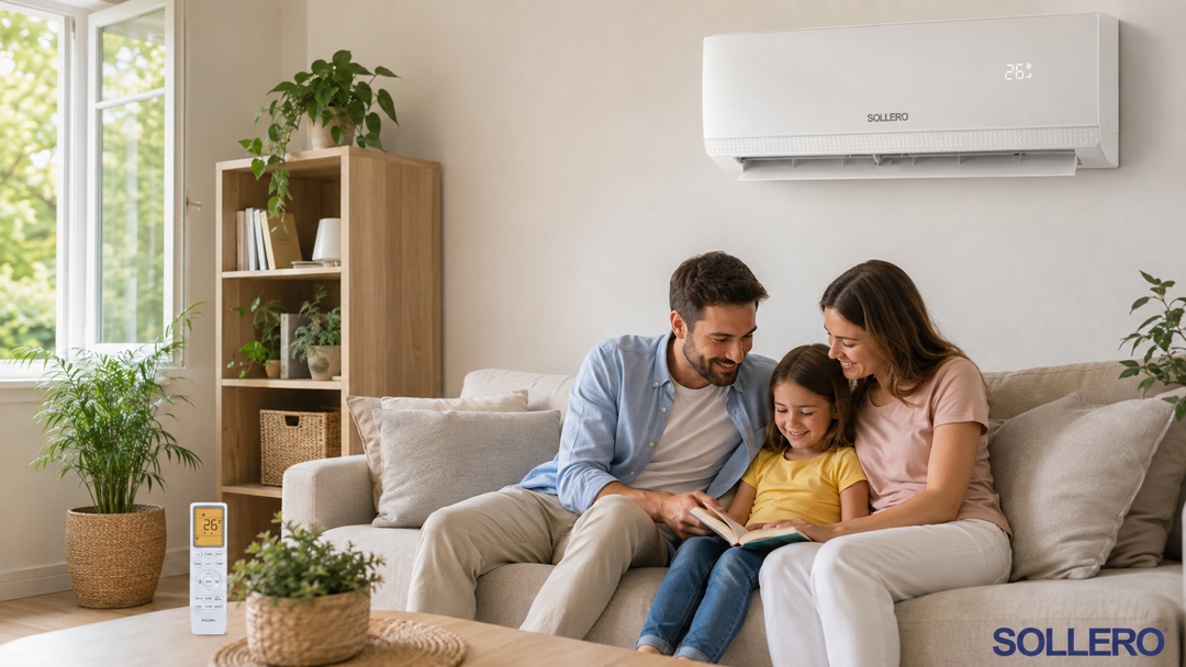 Familie genießt gesundes Raumklima mit Sollero Klimaanlage und originaler Fernbedienung