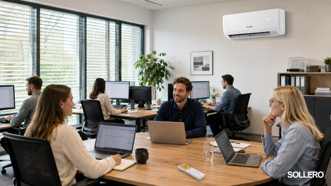Sollero Split-Klimaanlage mit originaler Fernbedienung in einem modernen Büro