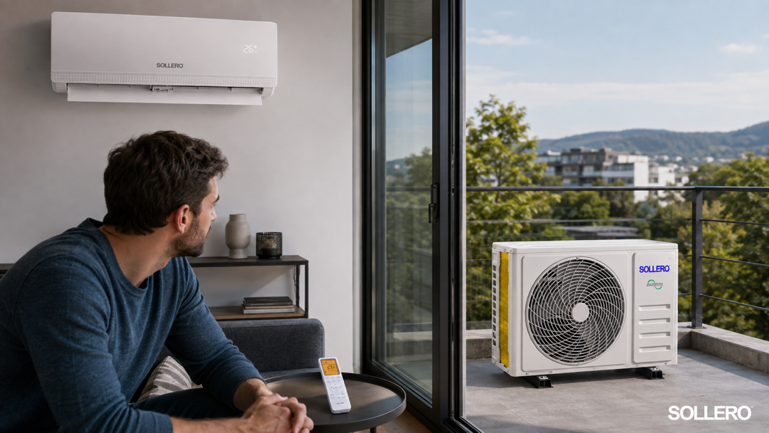 Sollero Split-Klimaanlage mit getrenntem Innengerät, Außengerät und Fernbedienung