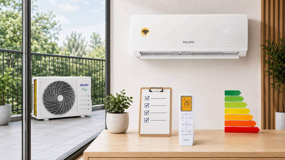Sollero Split-Klimaanlage mit Innengerät innen und Außengerät auf der Terrasse im Test