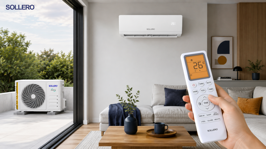Sollero Wandklimaanlage mit passendem Außengerät und Sollero Fernbedienung