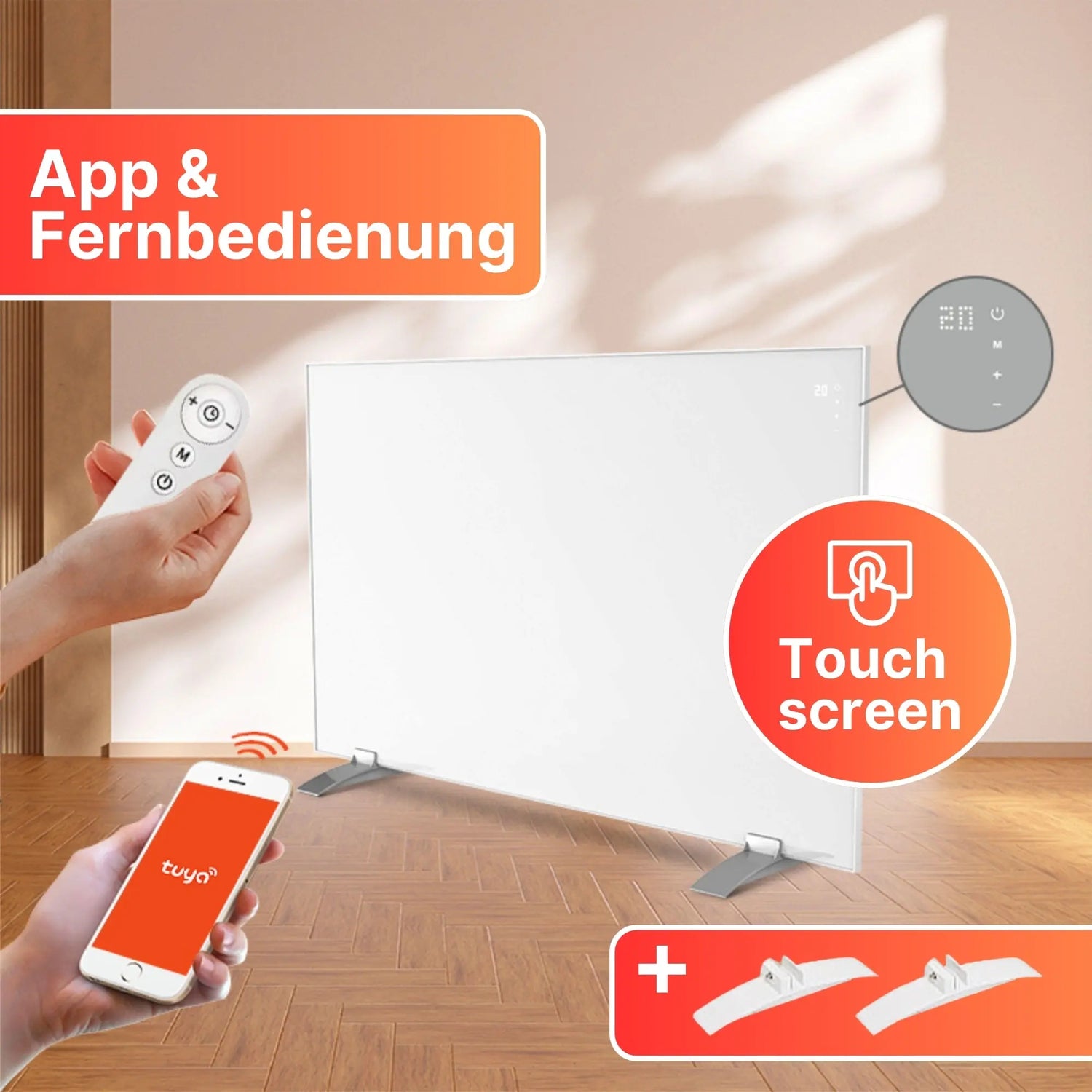Sollero 450W Infrarotheizung Smart — Dual-Heizung, Stand- oder Wandmontage — WLAN-App, Fernbedienung, Timer — Inkl. Standfüße — Weiß, energiesparend-Sollero