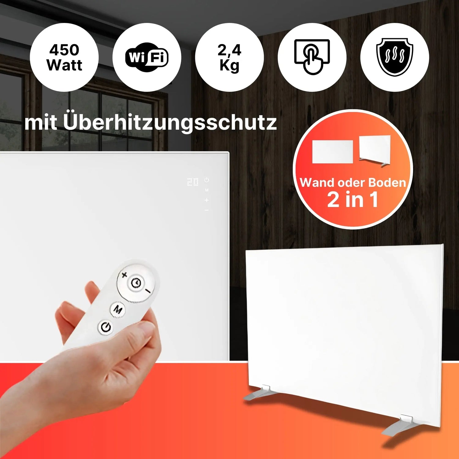 Sollero 450W Infrarotheizung Smart — Dual-Heizung, Stand- oder Wandmontage — WLAN-App, Fernbedienung, Timer — Inkl. Standfüße — Weiß, energiesparend-Sollero