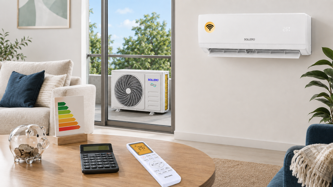 Günstige Sollero Klimaanlage korrekt montiert mit Außengerät auf dem Balkon