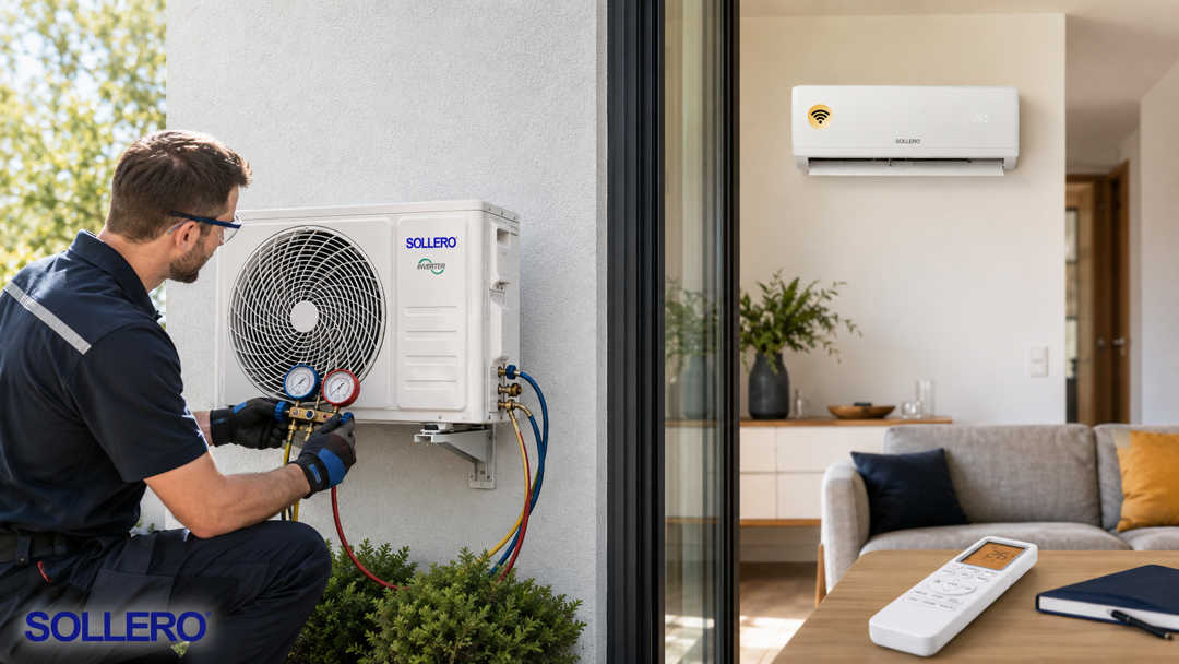 Fachbetrieb prüft Sollero Split-Klimaanlage beim Befüllen mit Kältemittel