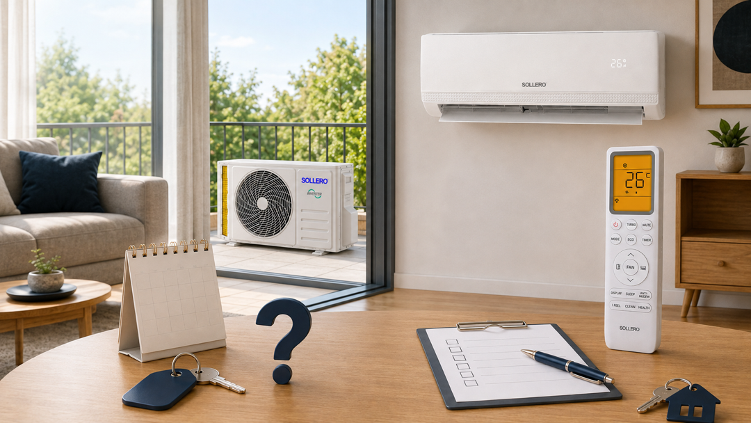 Sollero Klimaanlage für den Mieten-oder-Kaufen-Vergleich mit Außengerät auf der Terrasse