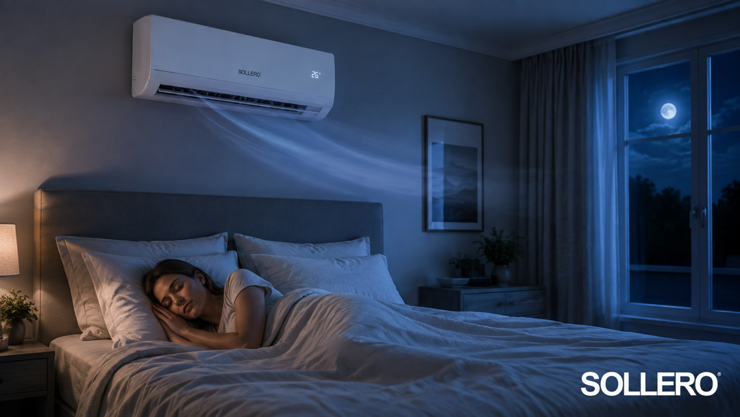 Sollero Split-Klimaanlage im leisen Nachtbetrieb über einem modernen Schlafzimmer
