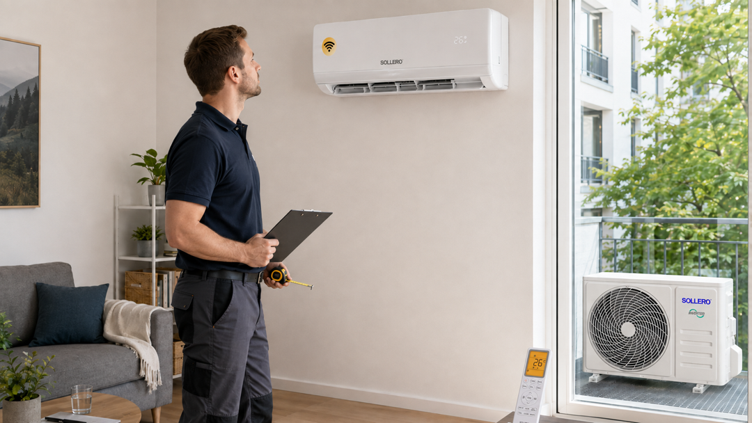 Klimaanlage ohne Bohren planen mit Sollero Innengerät und Außengerät auf dem Balkon