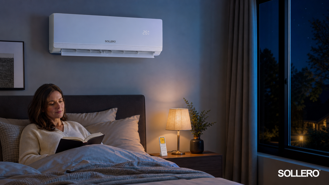 Leises Sollero Klimaanlagen-Innengerät und originale Fernbedienung im Schlafzimmer