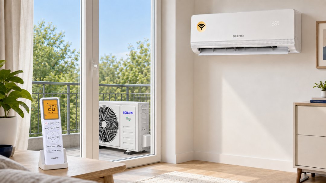 Sollero Split-Klimaanlage ohne Abluftschlauch mit Außengerät auf dem Balkon