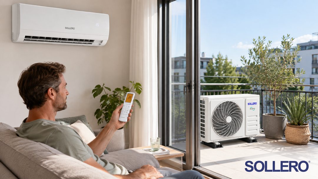 Sollero Split-Klimaanlage mit Innengerät, Außengerät und Fernbedienung in moderner Wohnung