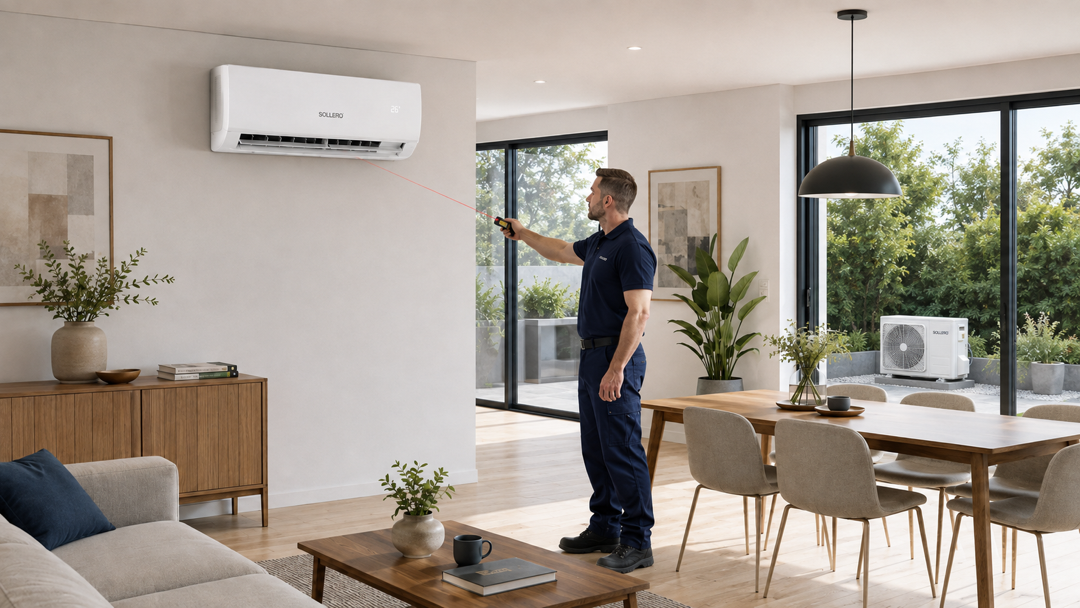 Sollero 3,5-kW-Split-Klimaanlage mit Innengerät innen und Außengerät auf der Terrasse