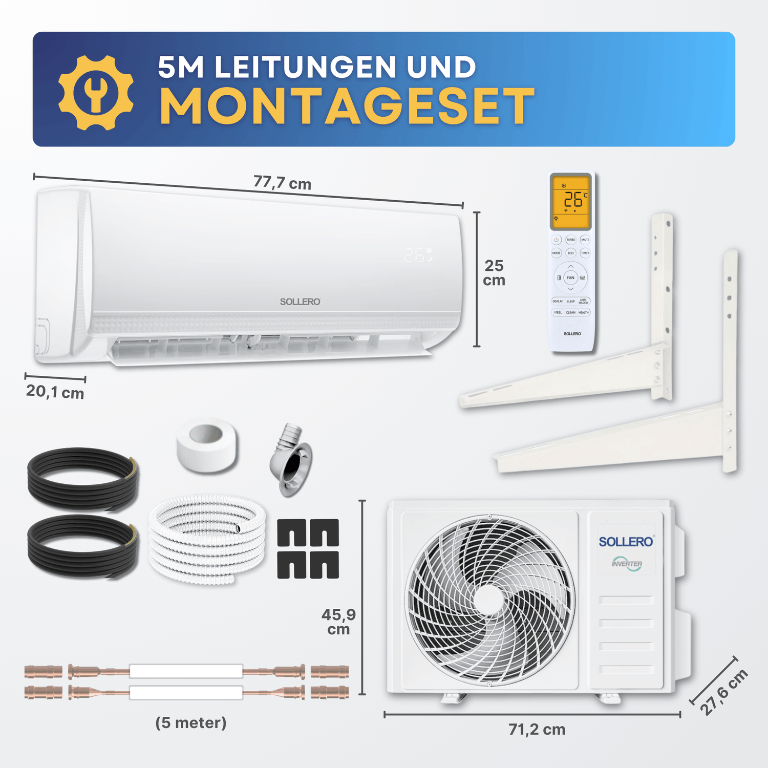Sollero Split Klimaanlage 3,5 kW zum Kühlen und Heizen Quick Connect Set – energiesparend von Sollero