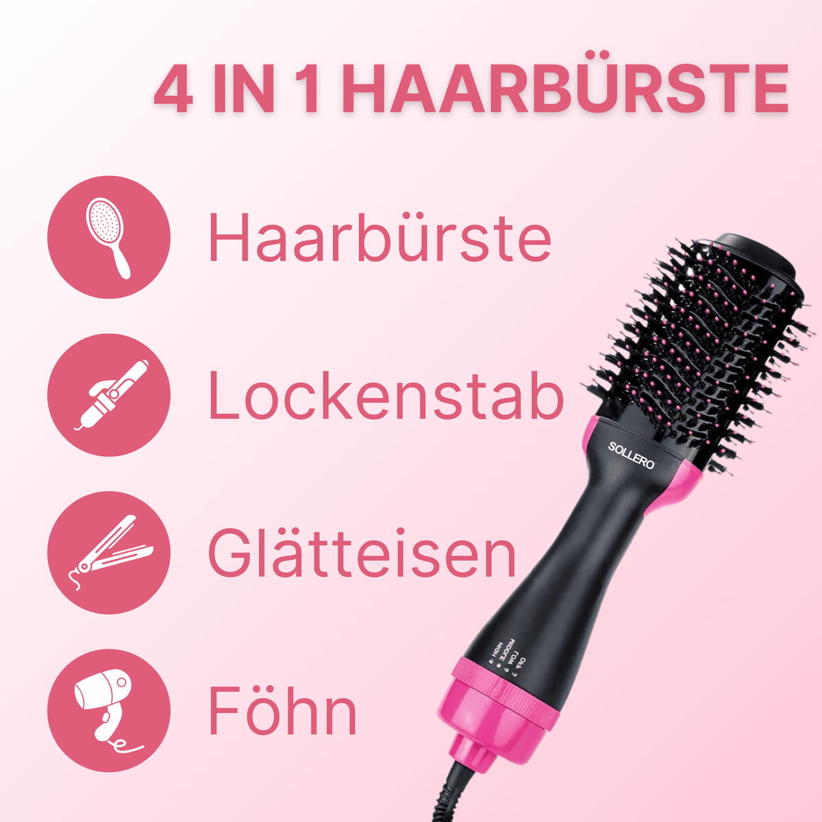 Sollero 4-in-1 Warmluftbürste – Föhn, Lockenstab & Glätteisen