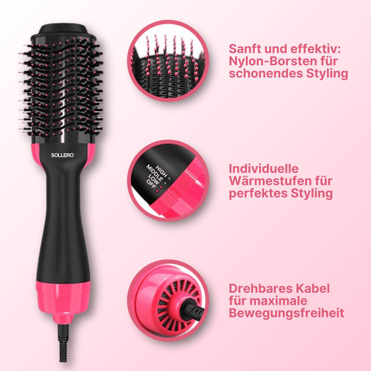 Sollero 4-in-1 Warmluftbürste – Föhn, Lockenstab & Glätteisen
